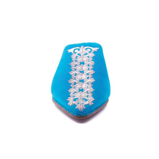 Babouche Céleste En Velours Bleu Brodées En Soie mode 2021. – Image 3