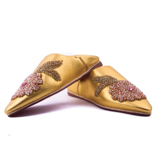 Babouche jaune d'or En Cuir perlé pour femme modèle 2021.