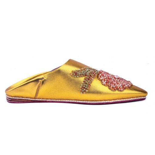 Babouche jaune d'or En Cuir perlé pour femme modèle 2021. – Image 2