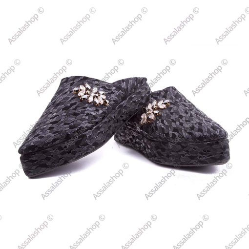 babouche compensée en cuir noir perlé